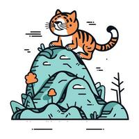 mignonne dessin animé tigre séance sur une rock. vecteur illustration dans linéaire style.
