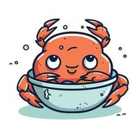 Crabe dans bol. mignonne dessin animé personnage. vecteur illustration.