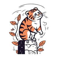 vecteur illustration de une mignonne tigre séance sur une en bois Publier avec feuilles.