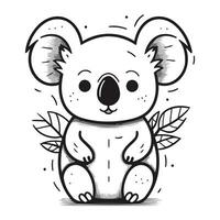 mignonne dessin animé koala avec feuilles. vecteur illustration dans griffonnage style.