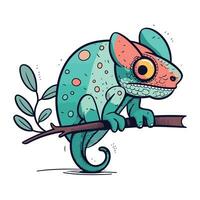 mignonne dessin animé caméléon sur une branche. vecteur illustration.