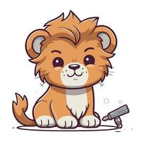 mignonne peu dessin animé Lion avec grossissant verre. vecteur illustration.