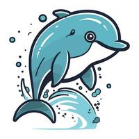 mignonne dessin animé dauphin sauter en dehors de le l'eau. vecteur illustration.