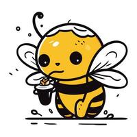 mignonne dessin animé abeille avec une tasse de café. vecteur illustration.