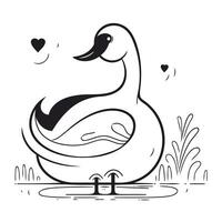 noir et blanc vecteur illustration de une cygne nager dans une étang.