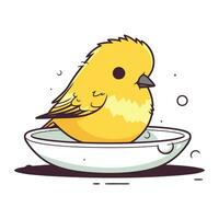 mignonne Jaune poussin dans une bol de l'eau. vecteur illustration.