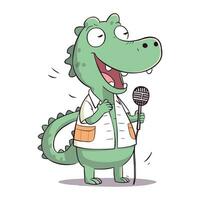 mignonne crocodile en chantant dans une microphone. dessin animé vecteur illustration.