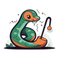 mignonne serpent avec une pêche canne à pêche. vecteur illustration dans dessin animé style.