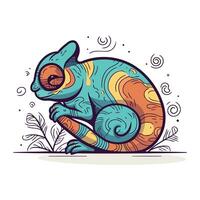 mignonne dessin animé caméléon séance sur une branche. vecteur illustration.