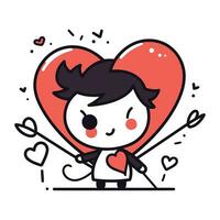 valentines journée vecteur illustration. mignonne dessin animé garçon avec rouge cœur et La Flèche.