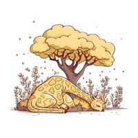 mignonne dessin animé léopard en train de dormir en dessous de une arbre. vecteur illustration.