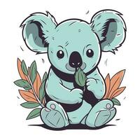 mignonne dessin animé koala séance sur le sol avec feuilles. vecteur illustration.