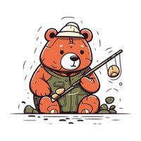 mignonne dessin animé ours pêcheur avec pêche canne à pêche. vecteur illustration sur blanc Contexte.