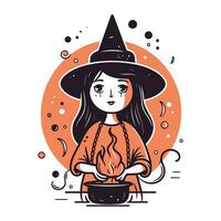 mignonne sorcière fille avec une pot de Feu. vecteur illustration.