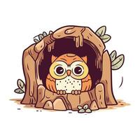 mignonne hibou dans une grotte. vecteur illustration dans dessin animé style.