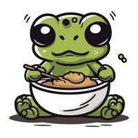 mignonne grenouille en mangeant de une bol de aliments. vecteur illustration.