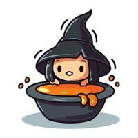 mignonne fille dans sorcière costume en portant pot de potion. vecteur illustration.