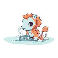 mignonne dessin animé hippocampe avec une bol de l'eau. vecteur illustration.