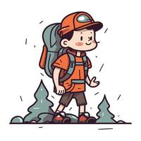 randonnée garçon avec sac à dos. vecteur illustration dans griffonnage style