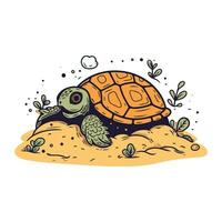 dessin animé tortue sur le sable. vecteur illustration dans griffonnage style.