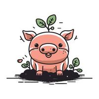 mignonne dessin animé porc furtivement en dehors de le sol. vecteur illustration.