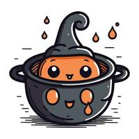 mignonne dessin animé Halloween cuisine pot avec marrant affronter. vecteur illustration.