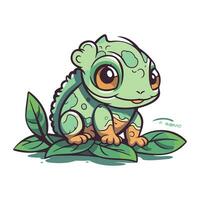 mignonne dessin animé grenouille séance sur le vert feuilles. vecteur illustration.