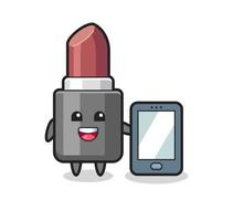 dessin animé illustration rouge à lèvres tenant un smartphone vecteur