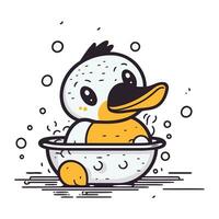 mignonne dessin animé canard dans une bol de l'eau. vecteur illustration.