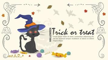 chat noir dans un chapeau de sorcière pour halloween illustration plate vecteur