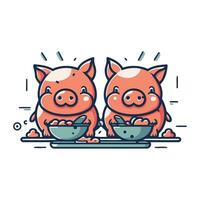 vecteur illustration de deux mignonne les cochons avec bol de bouillie. mignonne dessin animé cochon.