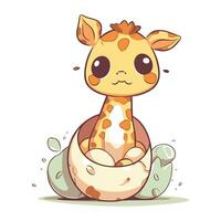 mignonne dessin animé girafe séance dans coquille d'oeuf. vecteur illustration.