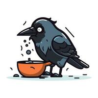 corbeau et bol de l'eau. vecteur illustration dans dessin animé style.