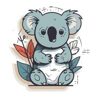 mignonne dessin animé koala avec feuilles. main tiré vecteur illustration.