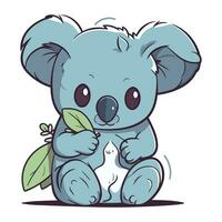 mignonne dessin animé koala en portant une vert feuille. vecteur illustration.