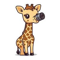 mignonne girafe avec une caméra dans le sien main. vecteur illustration