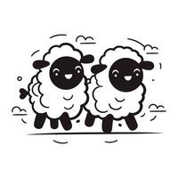 noir et blanc vecteur illustration de mignonne dessin animé des moutons dans le ciel
