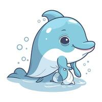 illustration de une mignonne dessin animé dauphin nager avec une poisson vecteur