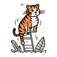 vecteur illustration de une mignonne tigre permanent sur une échelle. dessin animé style.