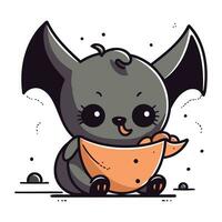 mignonne dessin animé chauve souris avec une bol de aliments. vecteur illustration.