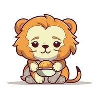 mignonne dessin animé Lion personnage en portant une assiette de aliments. vecteur illustration.