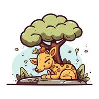 mignonne girafe en train de dormir en dessous de arbre. vecteur illustration dans dessin animé style.