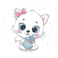 mignon bébé chat avec cupcake. illustration vectorielle. vecteur