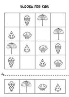 jeu de sudoku pour les enfants avec de jolis éléments d'été en noir et blanc. vecteur