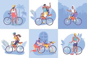 jeu d'icônes de composition de tourisme à vélo plat vecteur