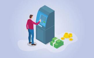 retrait d'argent au distributeur automatique d'argent avec isométrique moderne vecteur