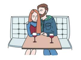 Jeune couple est assis dans une café et les boissons du vin. romantique date. le gars câlins le fille. lineart coloré plat illustration. vecteur
