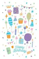 content anniversaire carte. vecteur illustration de dessin animé carte postale avec cadeau boîte, bonbons et des ballons.