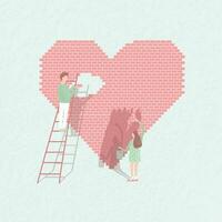 concept l'amour est travail. couple dans l'amour construire des relations. mignonne gars et fille sur le Contexte de brique cœur. vecteur dessin animé illustration.