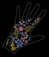 satin point broderie conception avec coloré fleurs. populaire ligne floral branché modèle sur gant décor. ethnique mode ornement pour main sur noir Contexte. vecteur